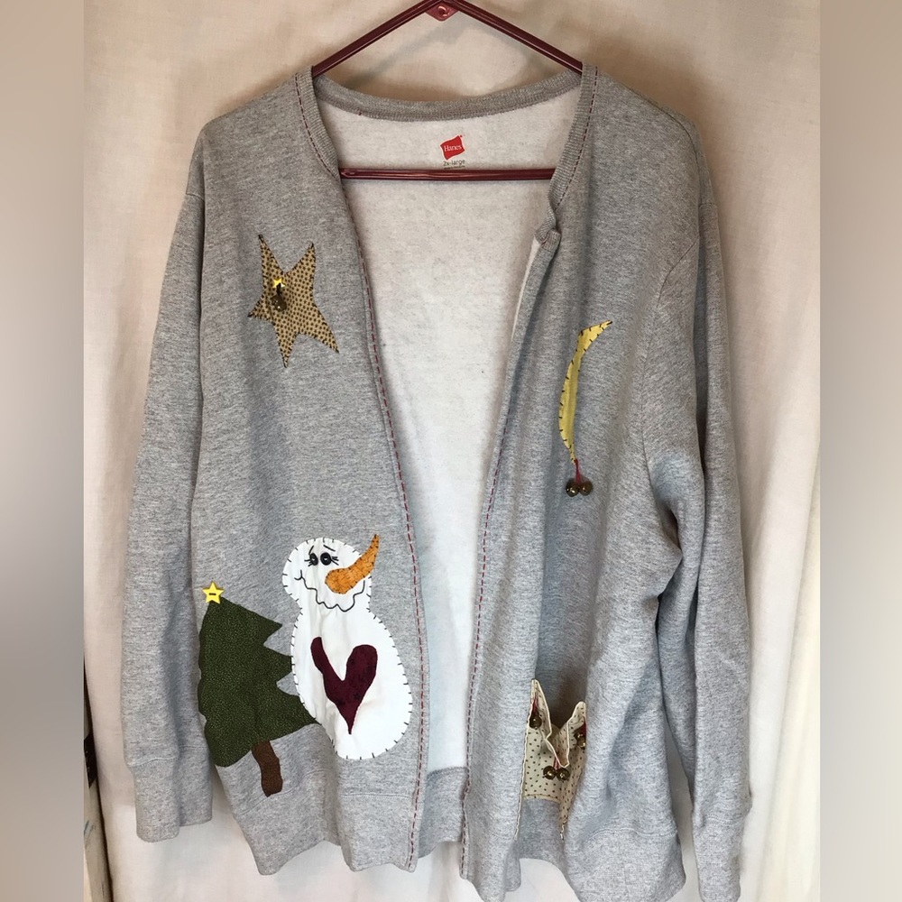 Vtg Hanes Gray Cardigan Sweater Christmas Winter snowman Women’s 2XL